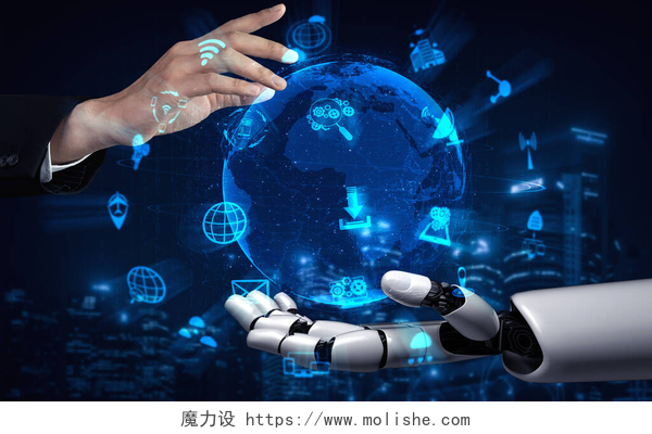 手拖地球蓝色科技背景三维渲染人工智能人工智能对机器人和机器人的研究，为人类的未来生活服务。计算机脑数字数据挖掘与机器学习技术设计.